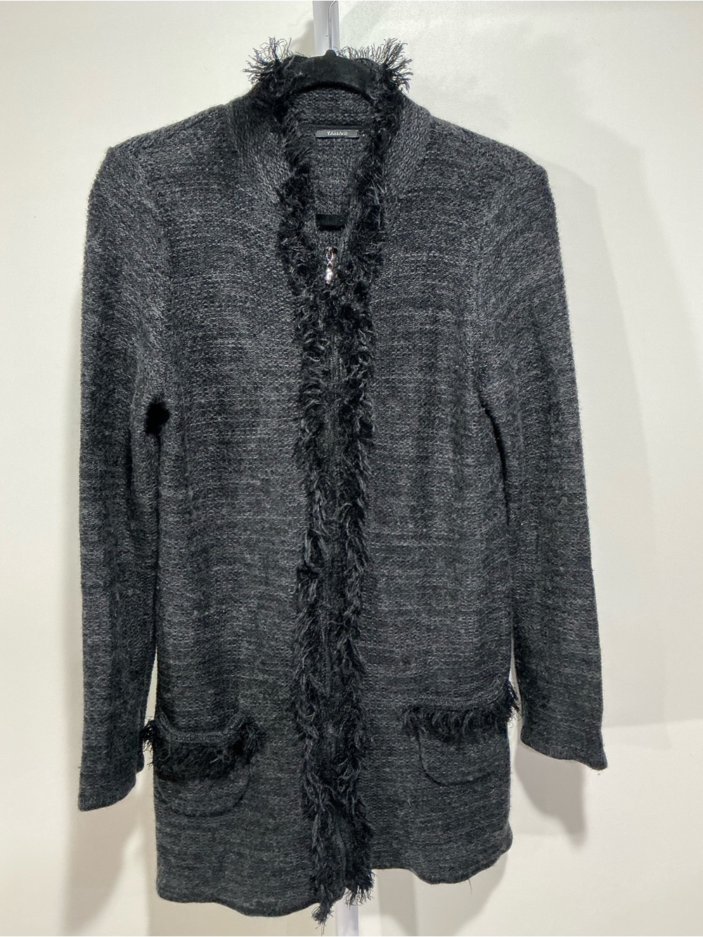 Tahari Dark Charcoal Fringe-Trim Open Cardigan
